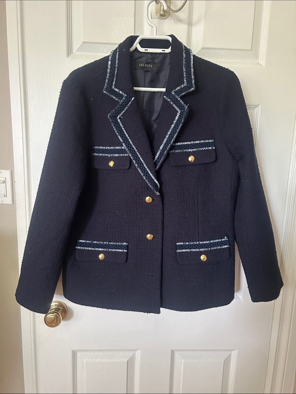 Talbots Navy Tweed Blazer with Contrast Trim and Gold Buttons Preppy Size 14